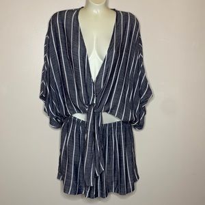 MUSTARD SEED Romper Blue & White Striped Rayon Tie Front Coastal Dolman Medium